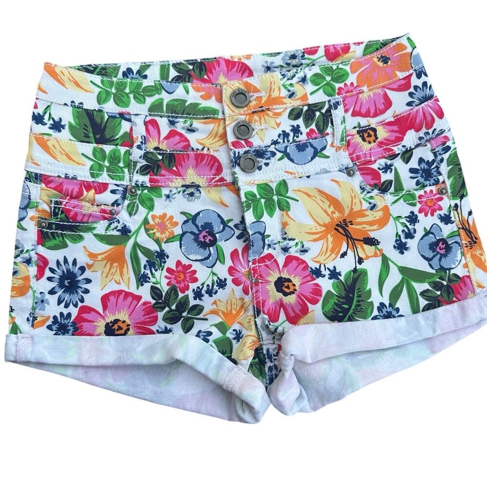 First Kiss Floral Denim Shorts Women's Size 6 Tropical Print Cuffed Mid Rise